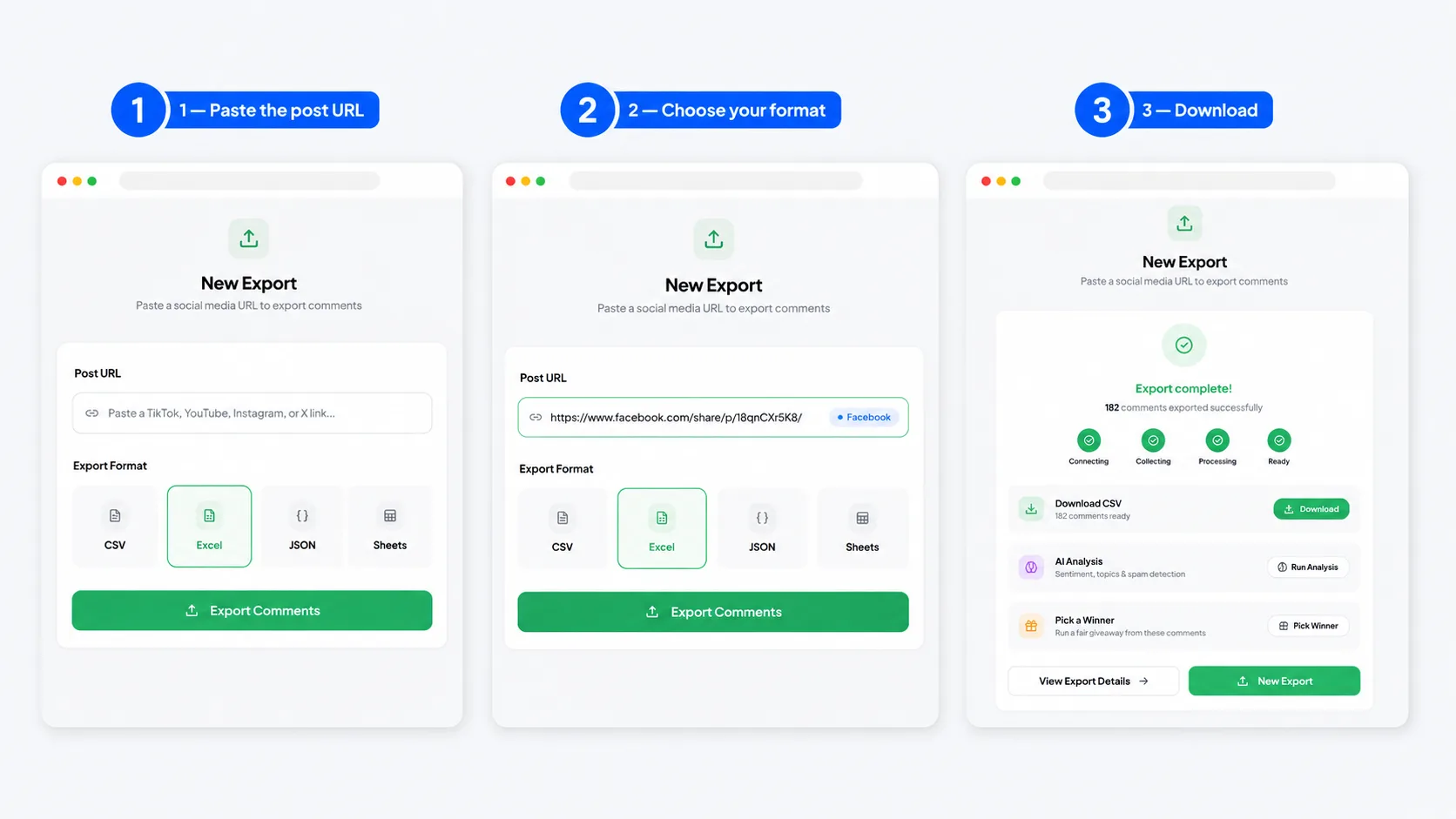 Three-step walkthrough of the Facebook comment exporter: paste the post URL, choose CSV, Excel, or JSON format, then download the finished export