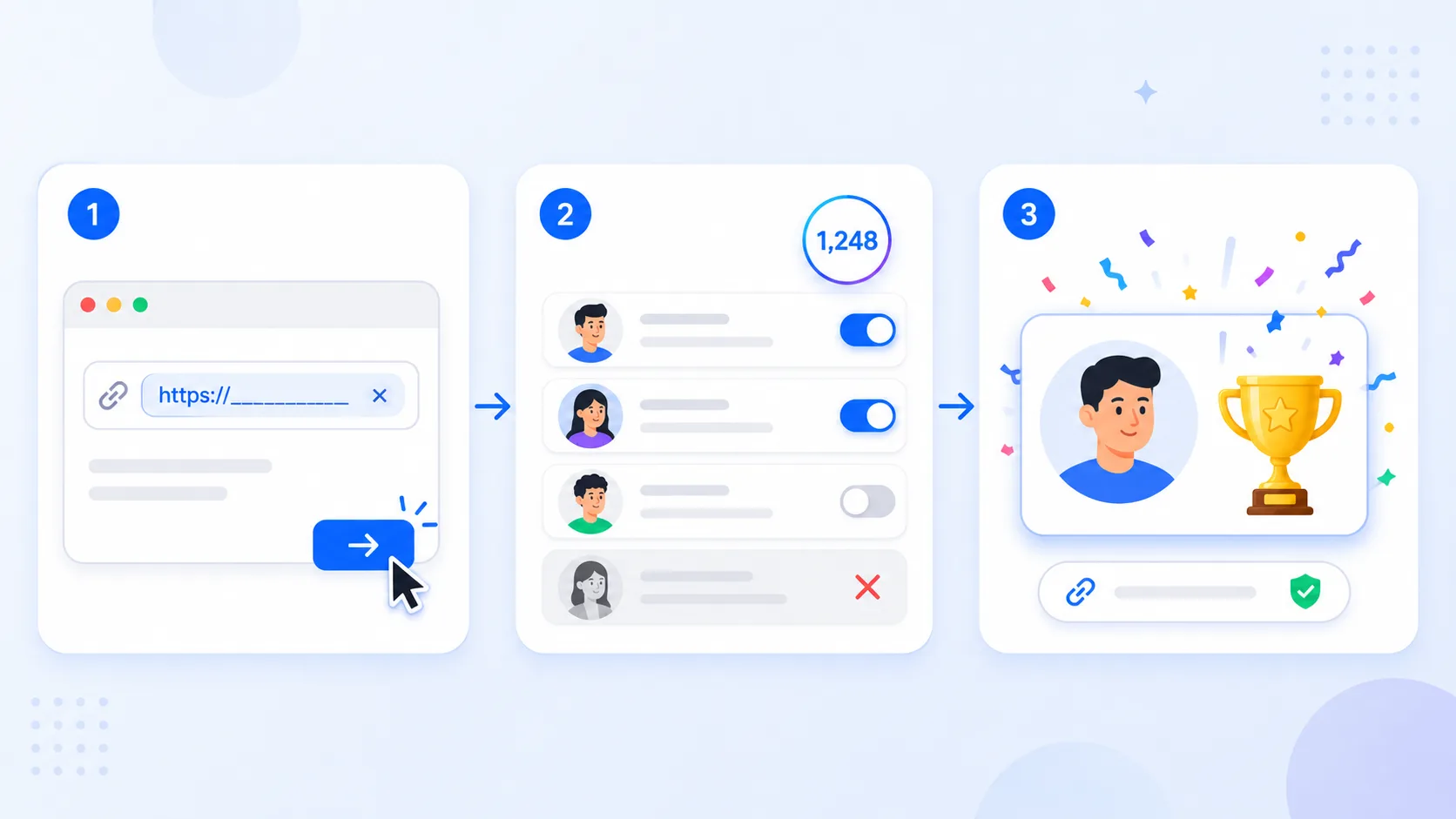 Facebook comment picker in three steps: paste the post URL, filter eligible comments with a live counter, and draw a verified winner with a proof URL
