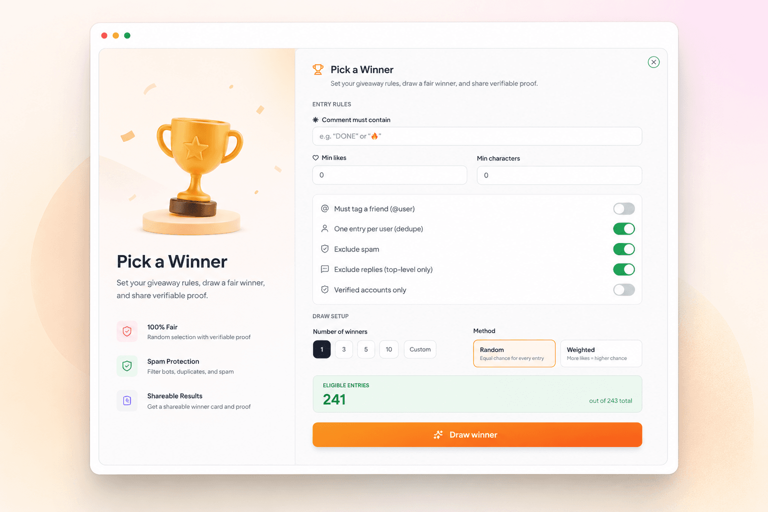 Instagram comment picker result card showing a verified random winner with their comment, likes, and seed-based proof