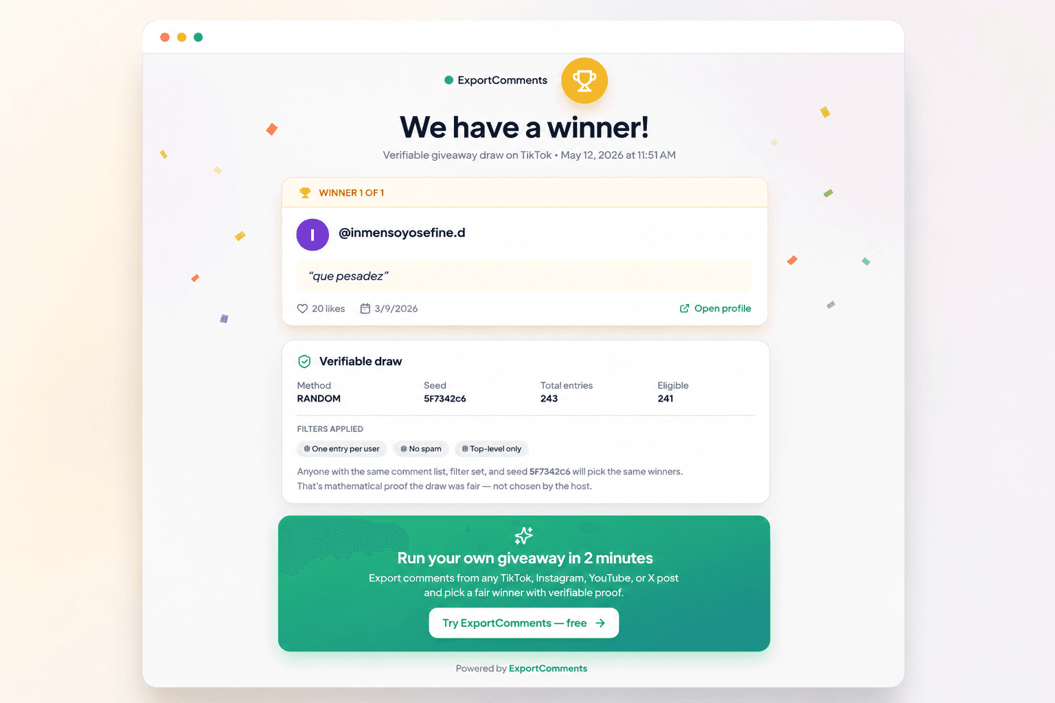 Public proof page showing winner card, applied filters, seed value, and total entries — anyone can verify the draw