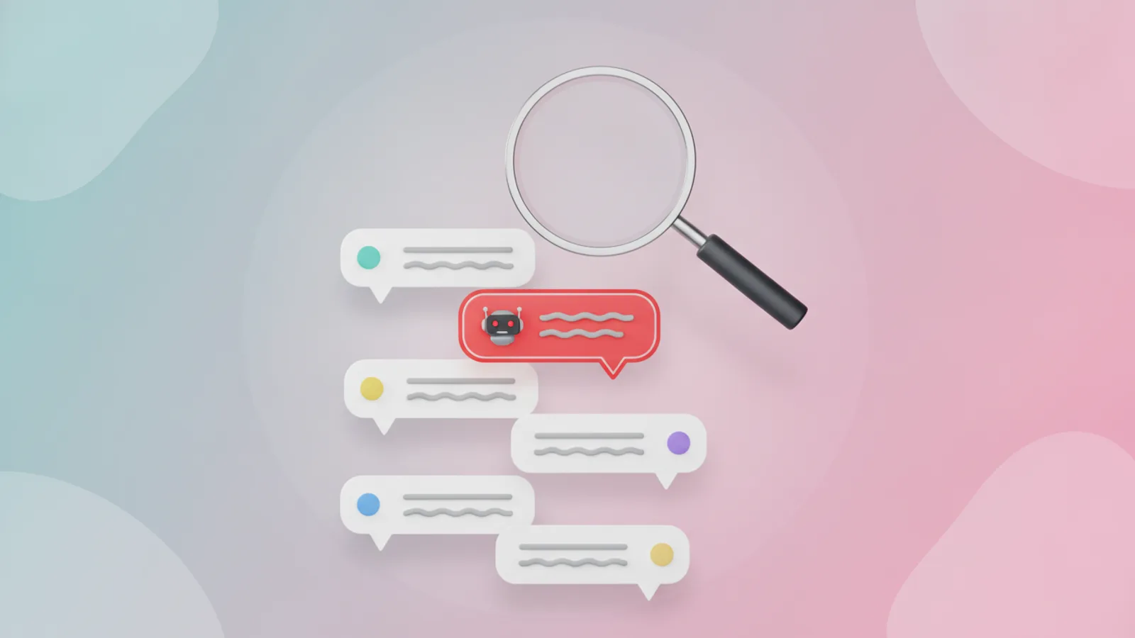 Magnifying glass detecting a bot comment among TikTok comments with a red warning